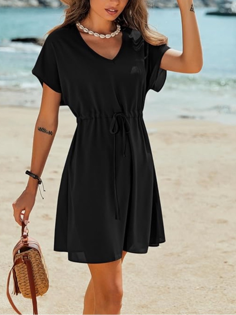EKOUAER Woman’s Black V-Neck Swim Coverup Dress with Drawstring Waist Size 2X